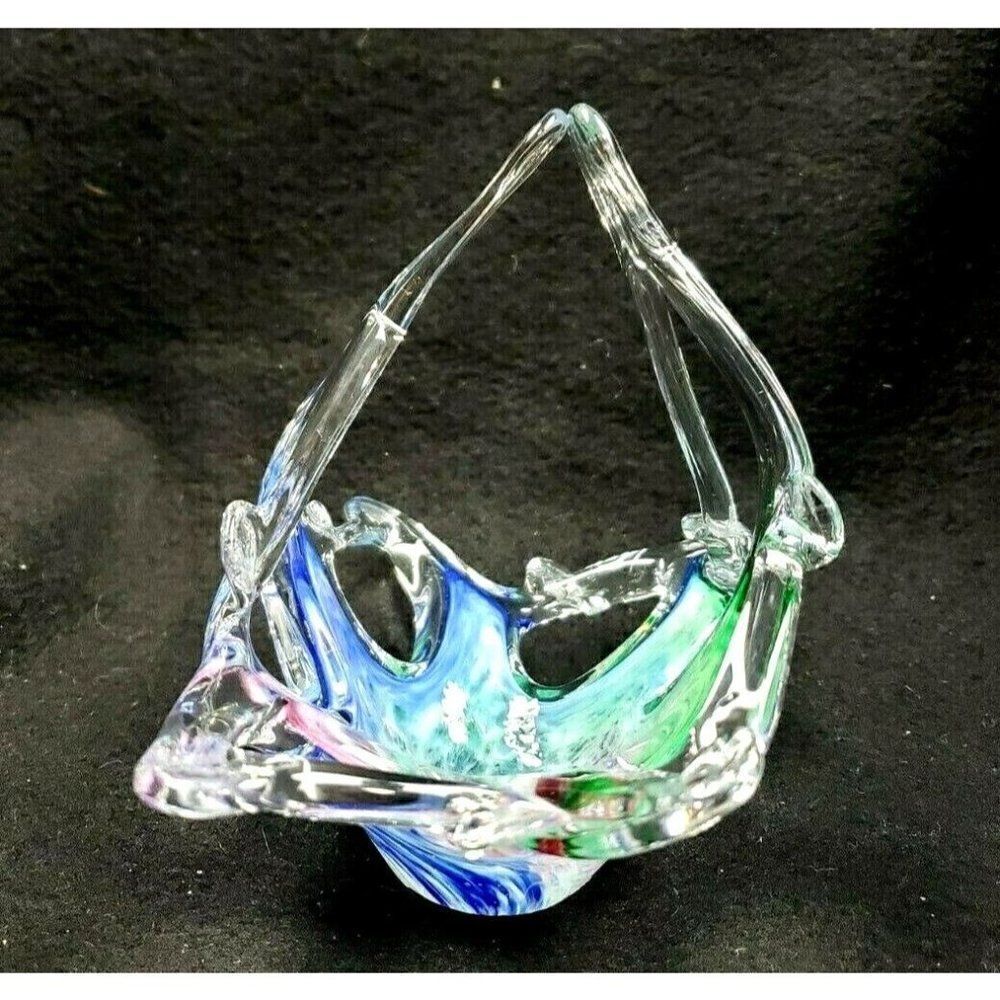STUNNING! Vintage Art Glass Basket Candy Dish Blue Pink Green Swirl Colorful - Picture 4 of 6